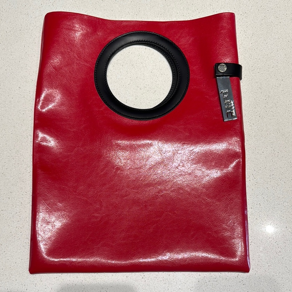 Dampai Italy Bold Red leather Tote Bag with Unique Handle and Smooth Finish